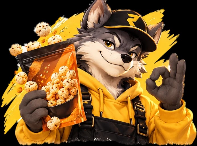 The REKCEE'S wolf giving an OK sign while holding a pouch of Chatpata Masala makhana