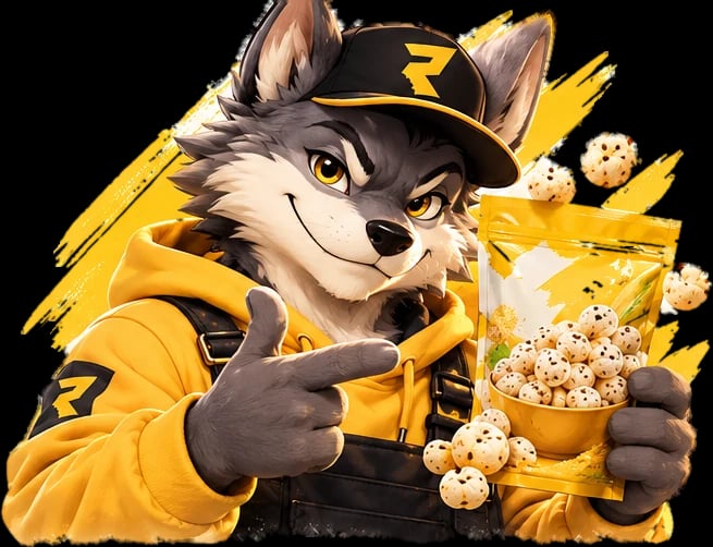 The REKCEE'S wolf in a black cap and yellow hoodie, pointing at a pouch of Classic Salted makhana