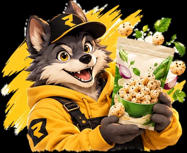 The REKCEE'S wolf holding a Cream & Onion pouch
