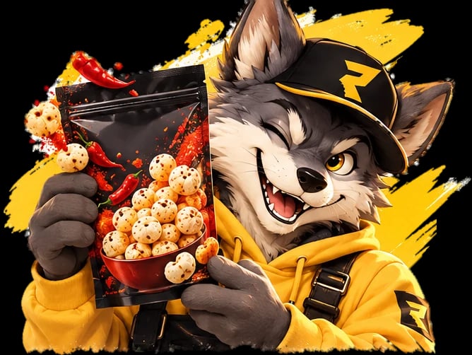 The REKCEE'S wolf holding a Peri Peri Punch pouch